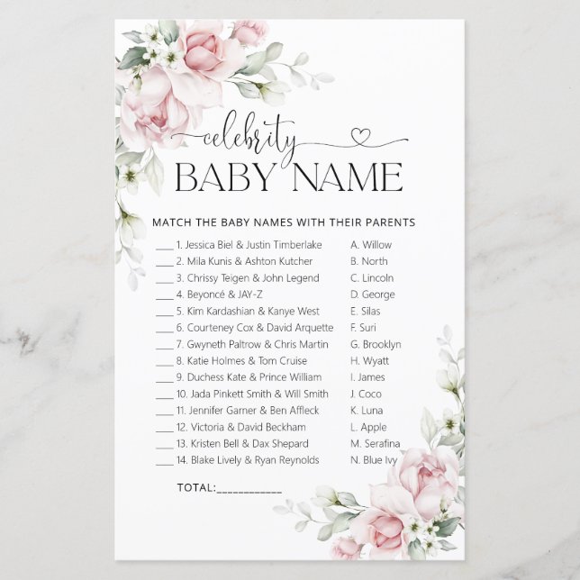 Jeu de nom de bébé de célébrité Baby Shower Fleurs (Devant)