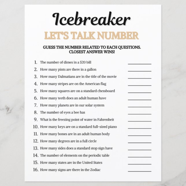 Jeu de nombres pour briser la glace et discuter (Devant)