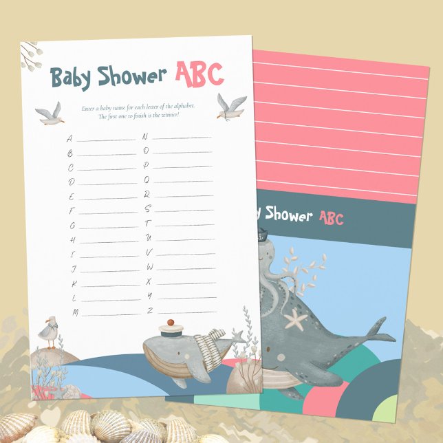 Jeu de noms ABC pour Baby Shower Baleine Naútíque  (Pink Nautical Whale Baby Shower ABC Names Game ©Susanne Sachers - Sunny Mind Design 🌞)