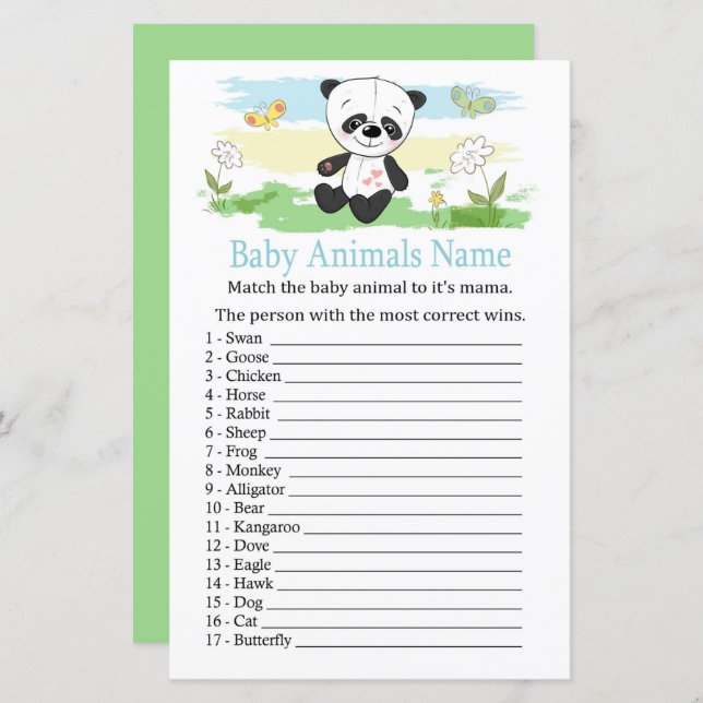 Jeu de noms d'animaux bébé panda bébé (Devant / Derrière)
