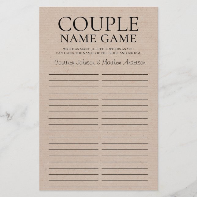 Jeu de Noms de Couple Jeu de Salle de Mariage Rust (Devant)
