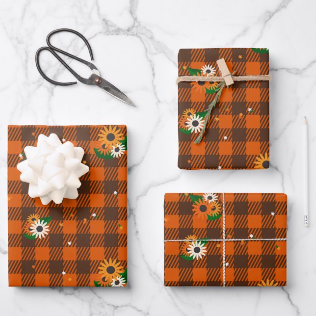 Jeu de papier cadeau orange Checker Fleur Envelopp (Recto)