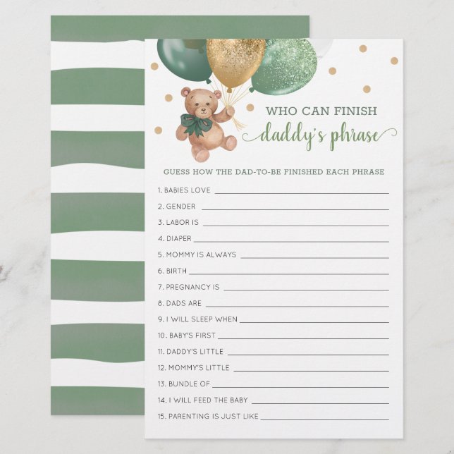Jeu de phrase de papa pour Baby Shower Sage Ourson (Devant / Derrière)