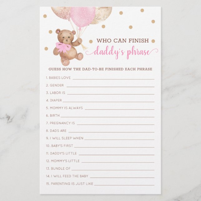 Jeu de phrases de Papa Baby Shower Teddy Bear  (Devant)