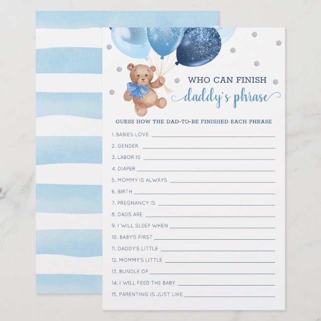 Jeu de phrases de Papa Baby Shower Teddy Bear  (Devant / Derrière)