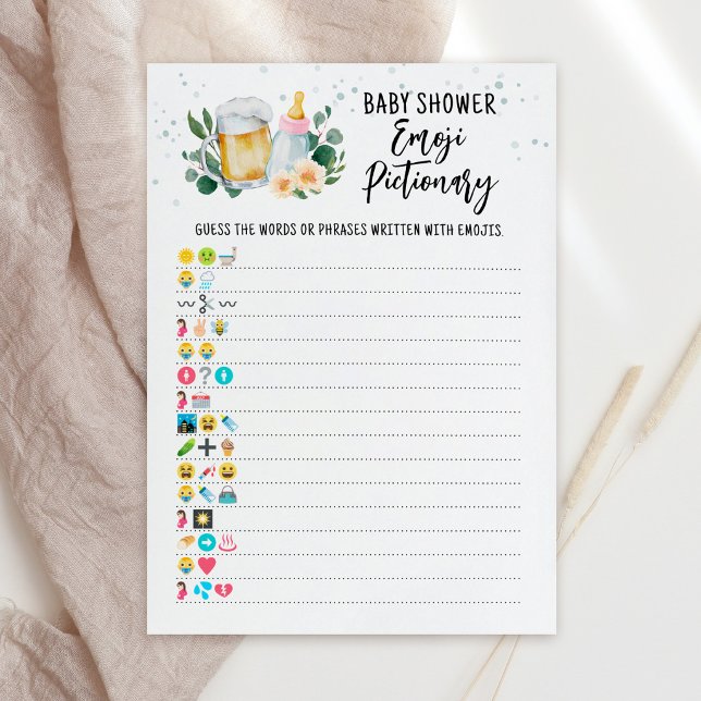 Jeu de Pictionary Émoji Baby Is Brewing Carte Rose (Beer and Floral Baby is Brewing Baby Shower Emoji Pictionary Game Card)