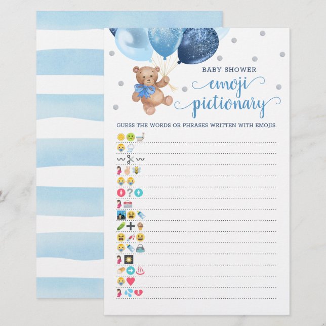 Jeu de Pictionary Emoji Baby Shower Thème Ours en  (Devant / Derrière)