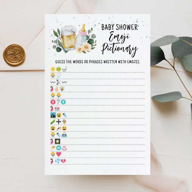 Jeu de Pictionary Emoji Bébé en Route Rose (Floral and Beer Baby is Brewing Baby Shower Emoji Pictionary Game)