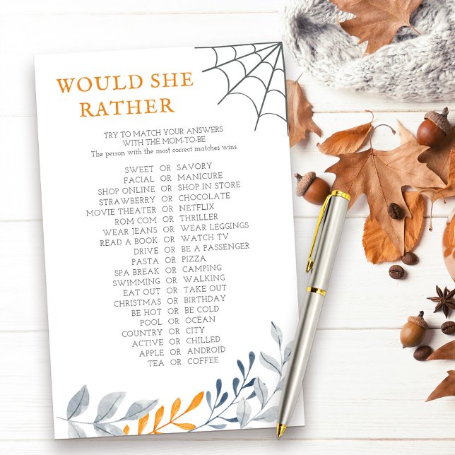 Jeu de Pluie d'Halloween 'Préférerait-Elle' (Would She Rather halloween themed baby shower game with fall leaves and cobweb)