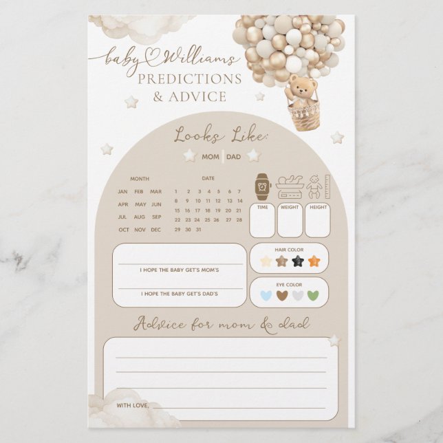 Jeu de prédiction du Baby shower neutre pour l'our (Devant)