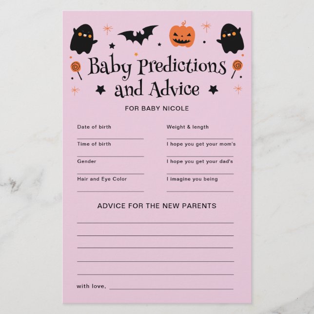 Jeu de prédictions et de conseils pour Baby Shower (Devant)