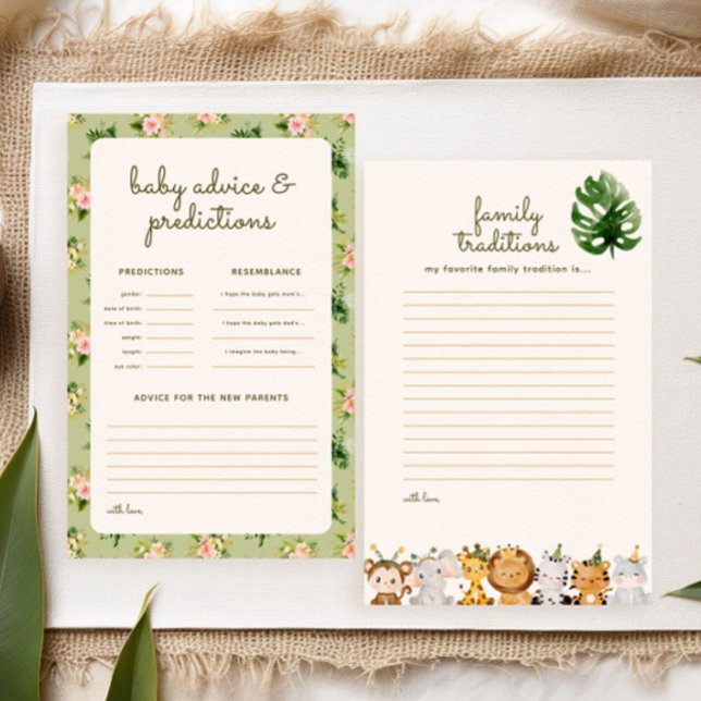 Jeu de prédictions pour Baby Shower Jungle Green T (fun baby shower games: family traditions + advice & predictions. Tropical leaves and safari animals)
