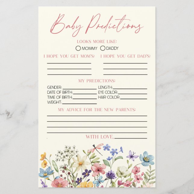 Jeu de prédictions pour Baby Shower sur le thème d (Devant)