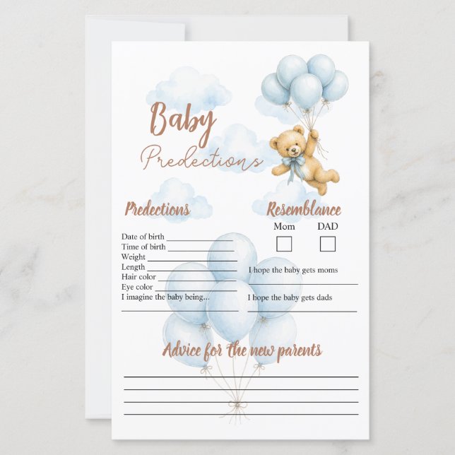 Jeu de prédictions pour bébé à la baby shower Ours (Devant)