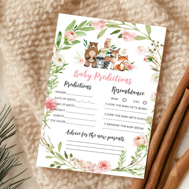 Jeu de prédictions pour bébé avec fleurs roses et  (Girl Woodland Animals Baby Shower Baby Predictions Game)