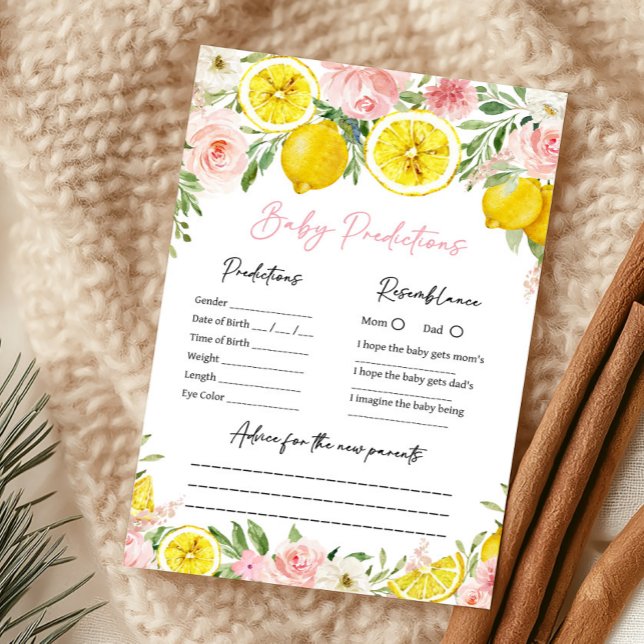 Jeu de prédictions pour bébé fille au citron flora (Summer Lemon Citrus Baby Shower Baby Predictions Game)