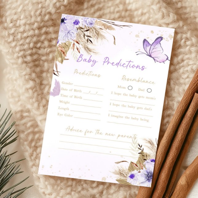 Jeu de prédictions pour bébé Shower papillon flora (Purple Butterfly Baby Shower Baby predictions Game)