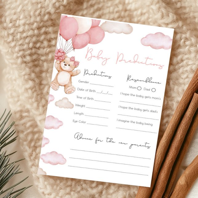Jeu de prédictions pour bébé sous la douche Pink B (Girl Bear Balloon Baby Shower Baby Predictions Game)