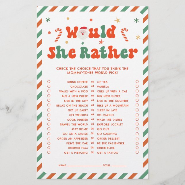 Jeu de 'Préférerait-Elle' pour Baby Shower de Noël (Devant)