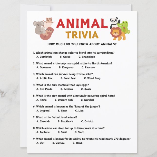 Jeu de questions sur les animaux (Devant)