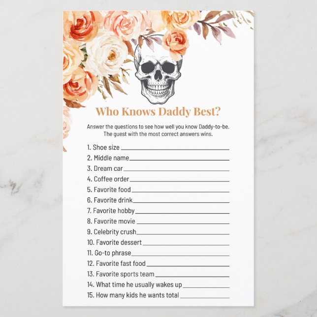 Jeu de Qui est Papa Halloween Crâne Floral (Devant)