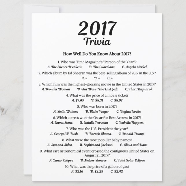 Jeu de quiz 2017 | Jeu pour une fête d'anniversair (Devant)