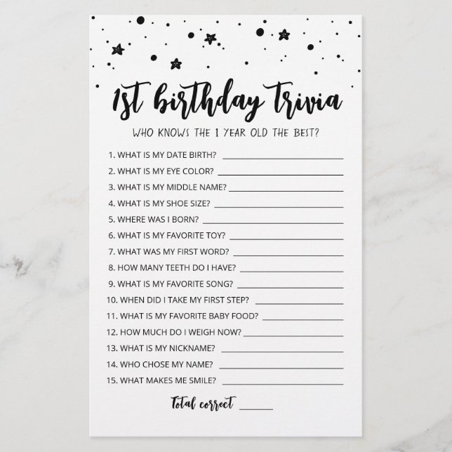 Jeu de quiz anniversaire 1ère modifiable Jeu de fê (Devant)