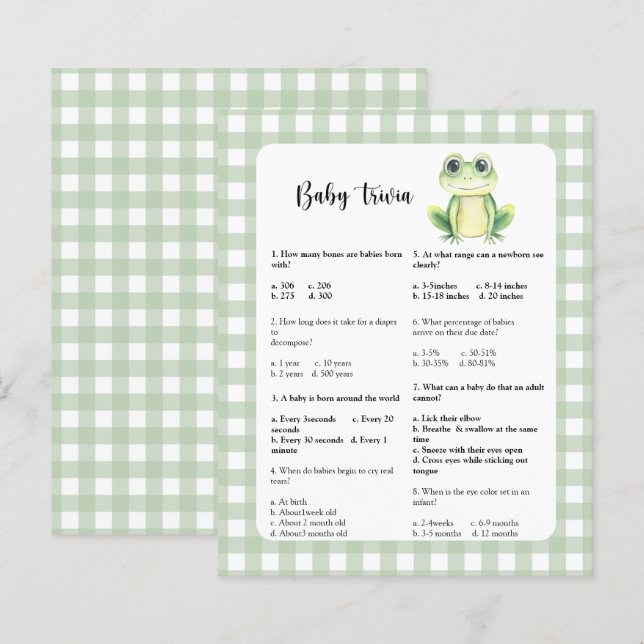 Jeu de quiz bébé | Grenouille Baby Shower (Devant / Derrière)