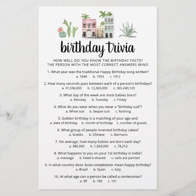 Jeu de quiz d'anniversaire avec réponses Fête d'an (Devant)
