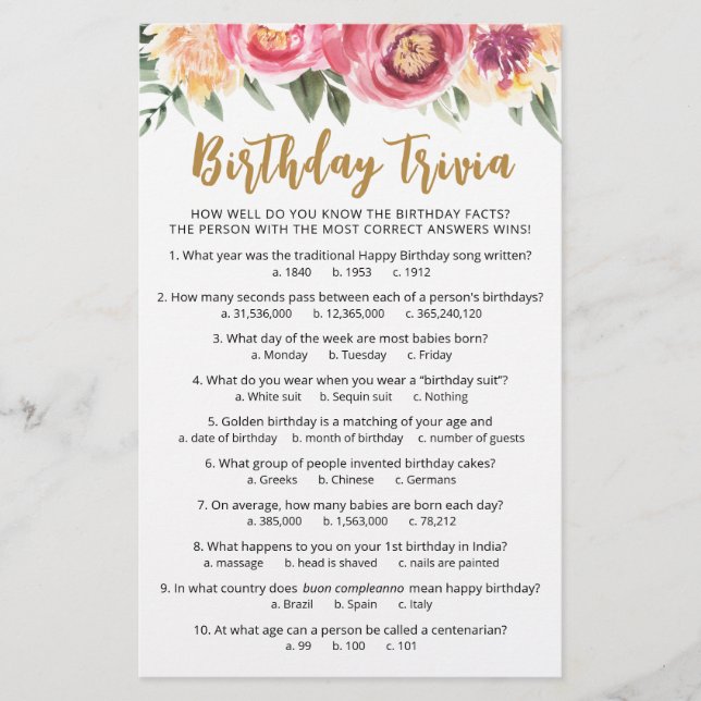 Jeu de quiz d'anniversaire avec réponses Fête d'an (Devant)