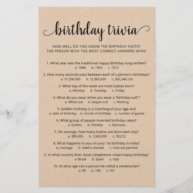 Jeu de quiz d'anniversaire avec réponses Fête d'an (Devant)