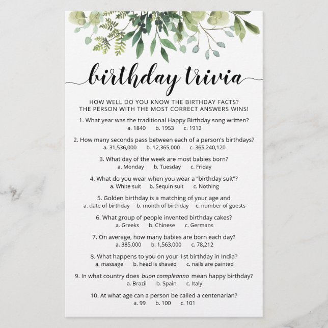 Jeu de quiz d'anniversaire avec réponses Fête d'an (Devant)