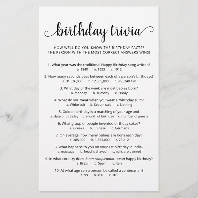 Jeu de quiz d'anniversaire avec réponses Fête d'an (Devant)