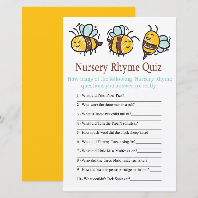 Jeu de quiz de comptine de Bumble Bee pour baby sh (Devant / Derrière)
