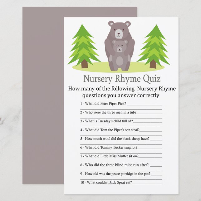 Jeu de quiz de comptine de nounours mignon pour ba (Devant / Derrière)