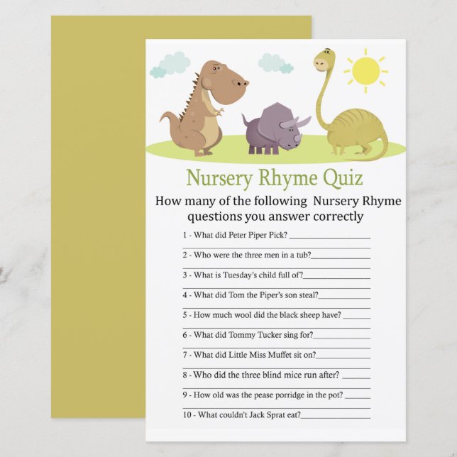 Jeu de quiz de comptine de nurserie de dinosaure p (Devant / Derrière)