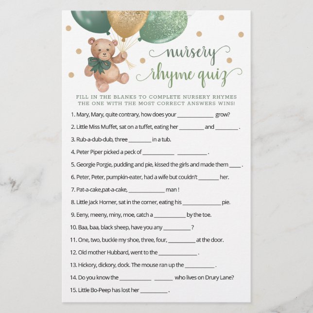 Jeu de quiz de comptine pour Baby Shower Teddy Bea (Devant)