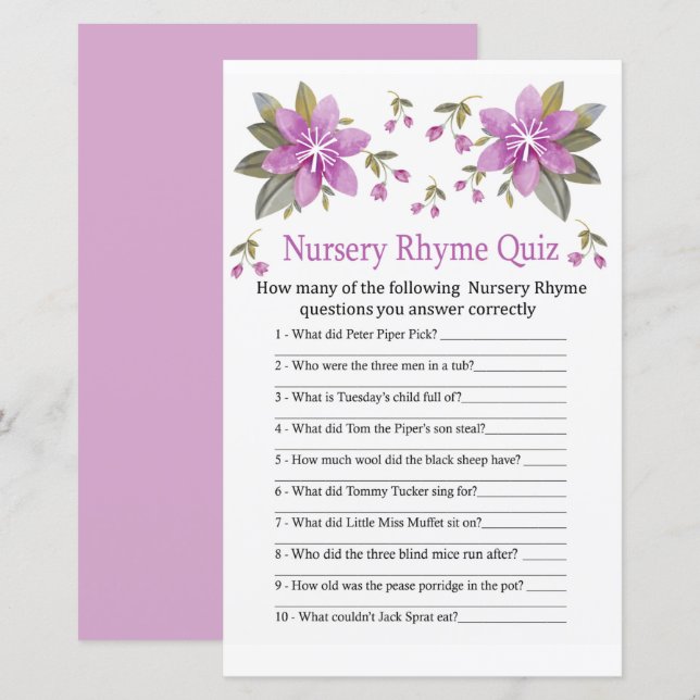 Jeu de quiz de comptine pour bébé Fleurs violettes (Devant / Derrière)