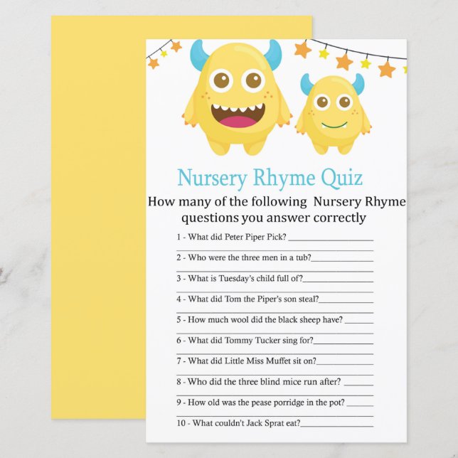 Jeu de quiz de comptine pour bébé Monstre Jaune sh (Devant / Derrière)