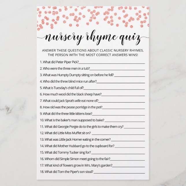 Jeu de quiz de comptines pour Baby Shower avec rép (Devant)