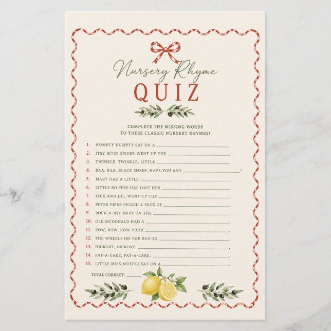 Jeu de quiz de comptines pour baby shower Marché I (Devant)