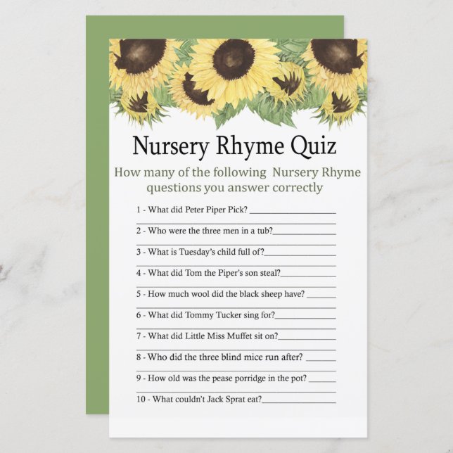 Jeu de quiz de rime de nurserie de tournesol baby  (Devant / Derrière)
