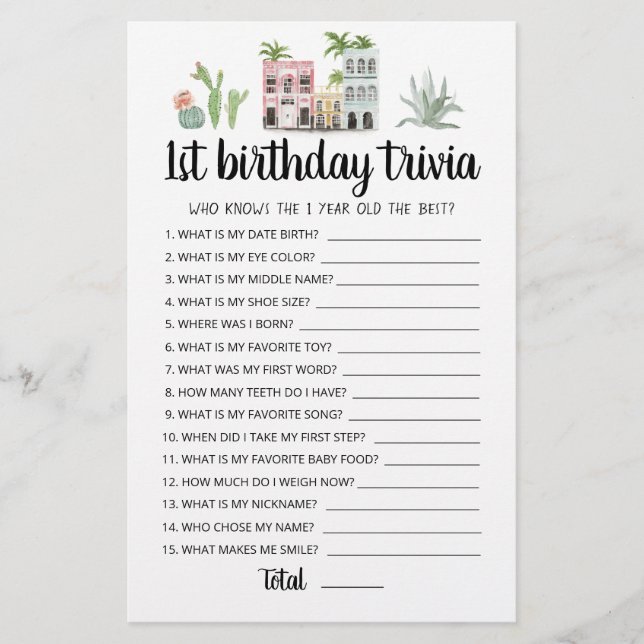 Jeu de quiz modifiable pour 1er anniversaire (Devant)
