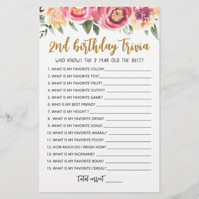 Jeu de quiz modifiable pour le 2ème anniversaire (Devant)