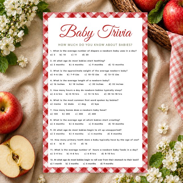 Jeu de quiz pour une baby shower rustique à carrea (Baby Trivia Game Sheet)