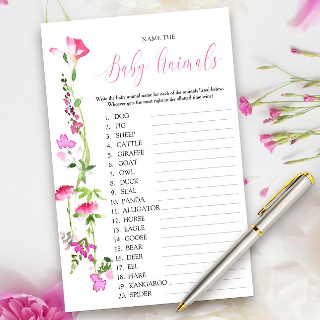 Jeu de quiz sur le nom d'animal bébé Fleur sauvage (Baby Animal Game Cards from my Pink Wildflower Collection. Message me to create co-ordinating items.)
