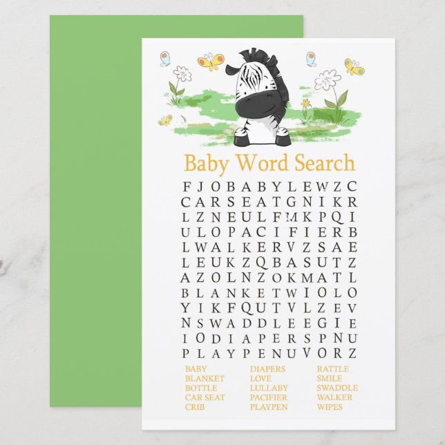 Jeu de recherche Baby shower de mots Zebra (Devant / Derrière)