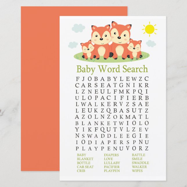 Jeu de recherche Baby shower Fox (Devant / Derrière)