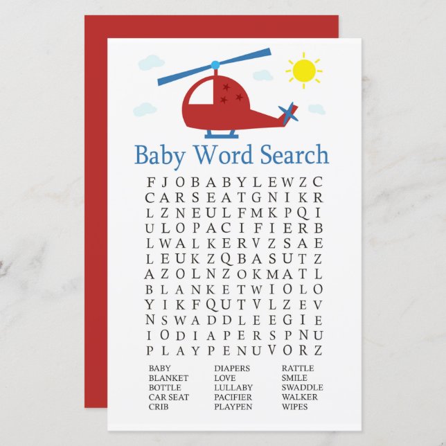 Jeu de recherche Baby shower Word de l'hélicoptère (Devant / Derrière)