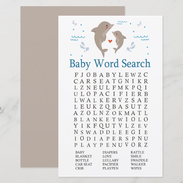 Jeu de recherche de mot Baby shower dauphin (Devant / Derrière)